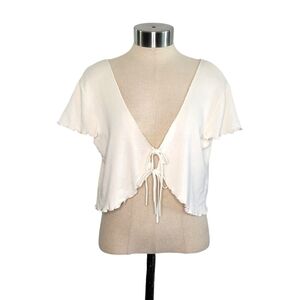 Tach Gaine White Tie-Front Ribbed Flutter Sleeve Crop Cardigan Top Womens Size S